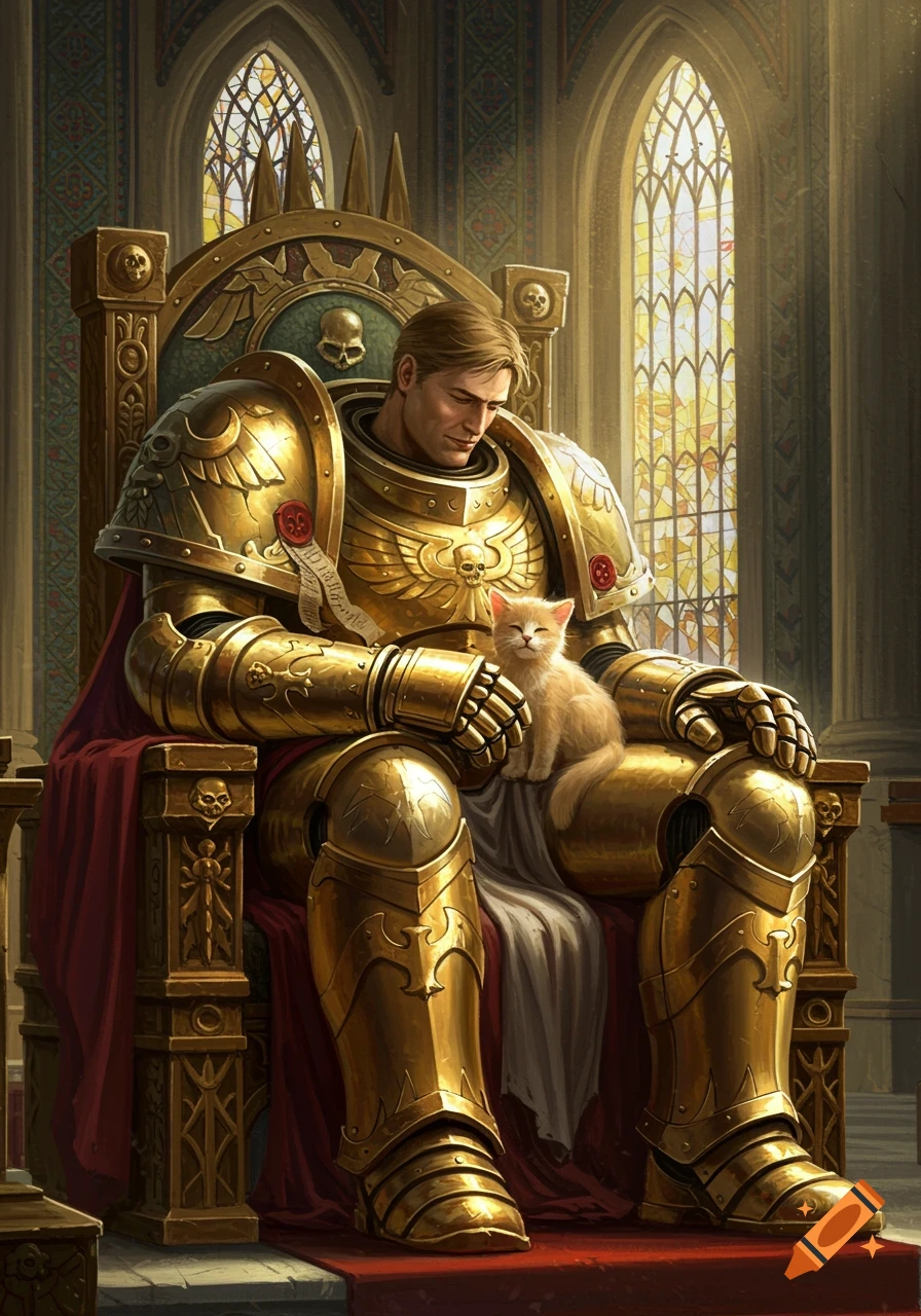 A man in shining golden armor sits on a grand throne in a cathedral, gently petting a small, light-colored cat.