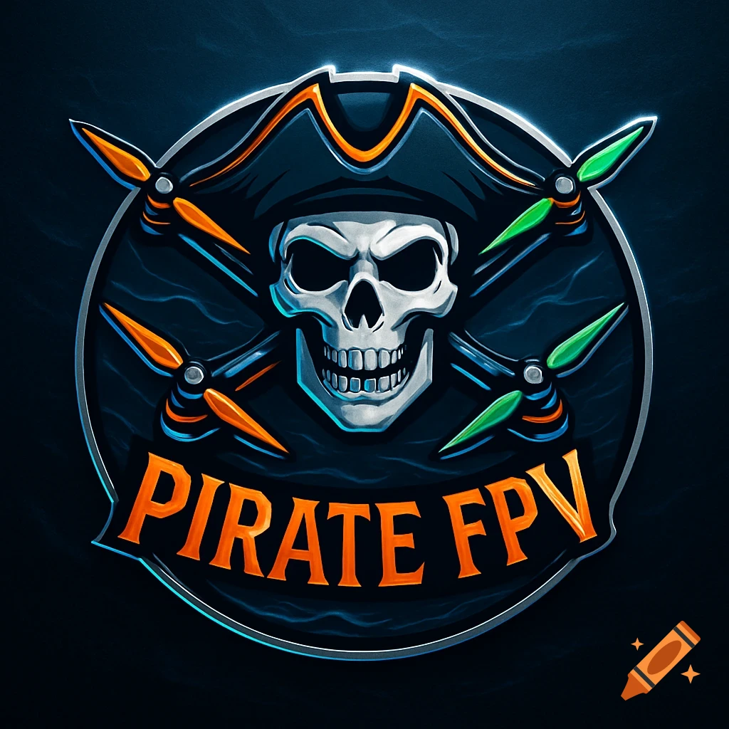 A circular logo featuring a skull wearing a pirate hat with crossed drone propellers behind it, and the text 'PIRATE FPV' in orange.