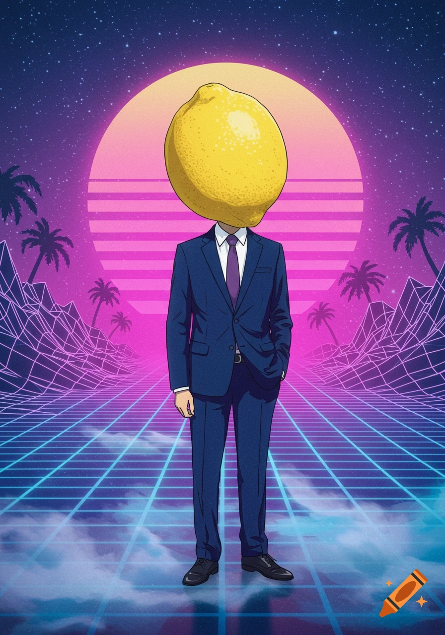 A man in a blue suit with a large lemon for a head stands against a vibrant pink and purple vaporwave background with a grid plane and palm trees, in an anime style.