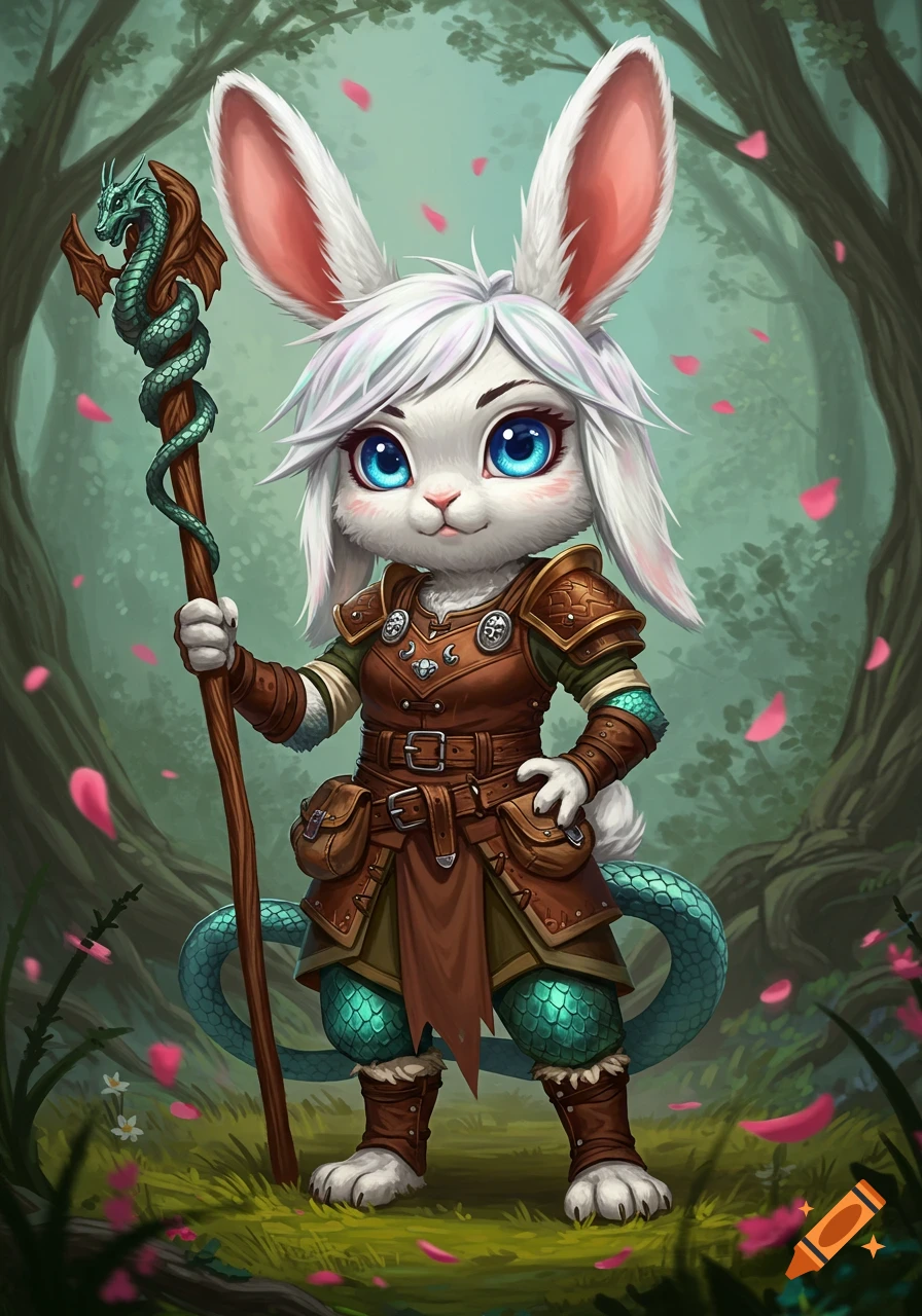 A cute white anthropomorphic rabbit barbarian with dragon skin and tail, holding a dragon staff, standing in a magical forest with pink petals.