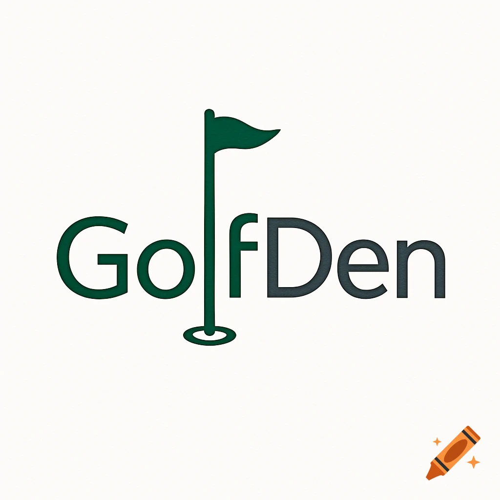 A logo for GolfDen with the 'l' in Golf stylized as a golf pin and the 'o' as a golf hole.