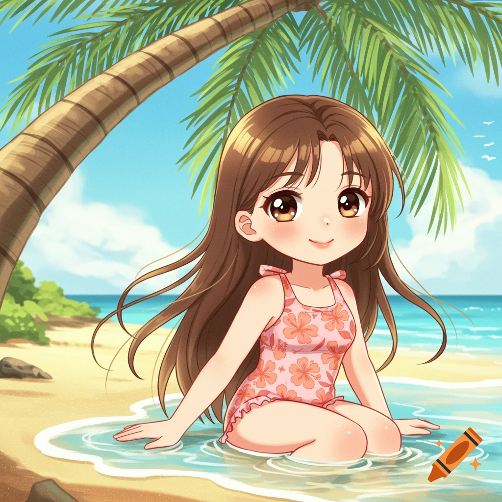 A cute cartoon girl with long brown hair sits in shallow water on a sunny beach under a palm tree, wearing a pink floral swimsuit.