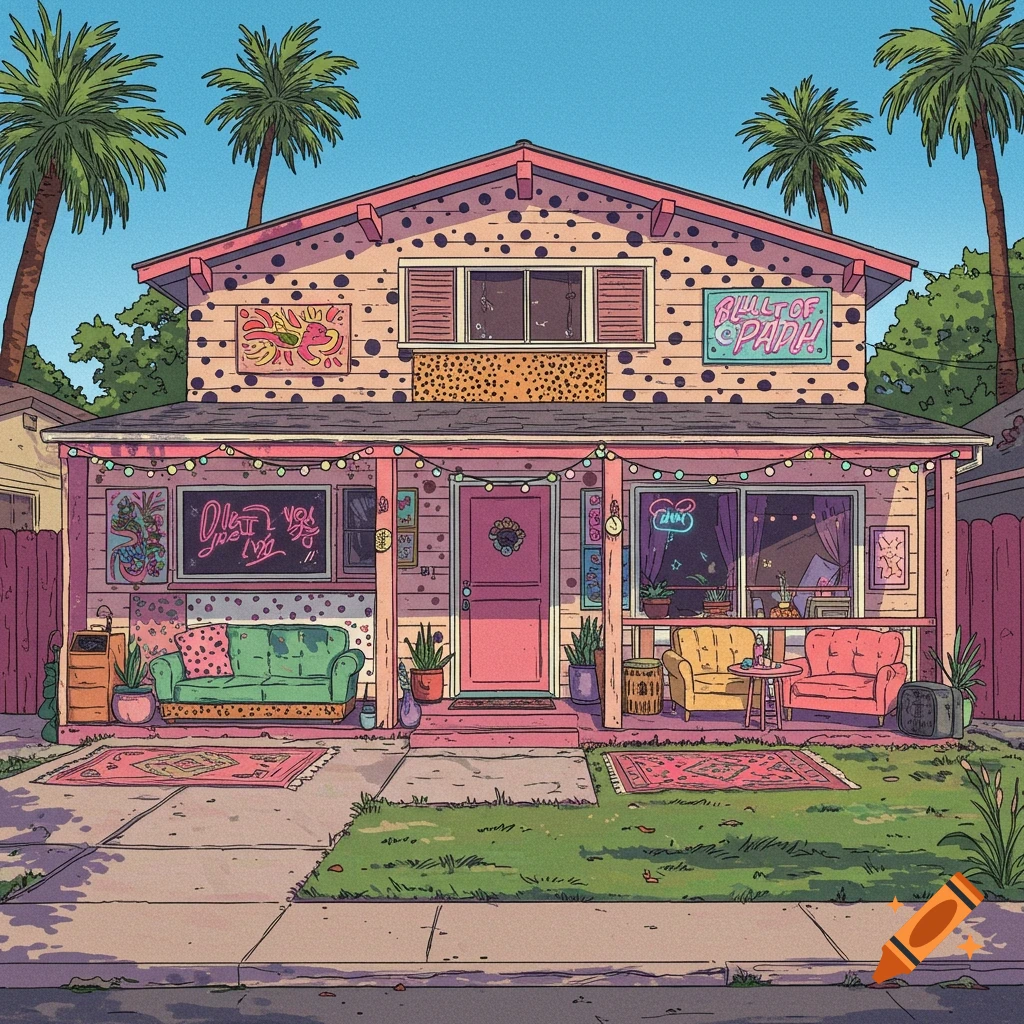 A colorful cartoon house with pink trim and polka dots, surrounded by palm trees, with outdoor seating and string lights, in a vintage indie style.
