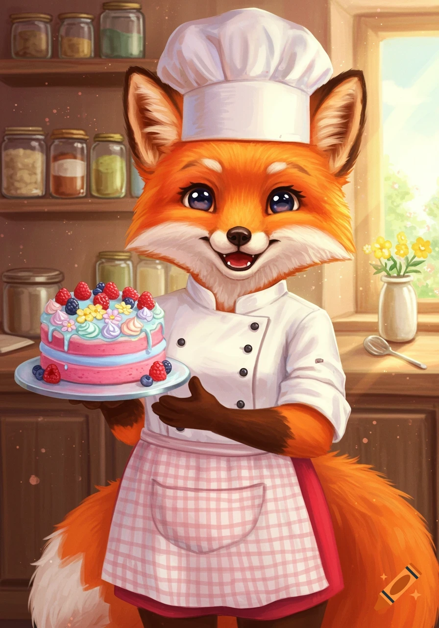 A cute anthropomorphic fox dressed as a baker smiles while holding a colorful frosted cake in a kitchen. Illustrated.
