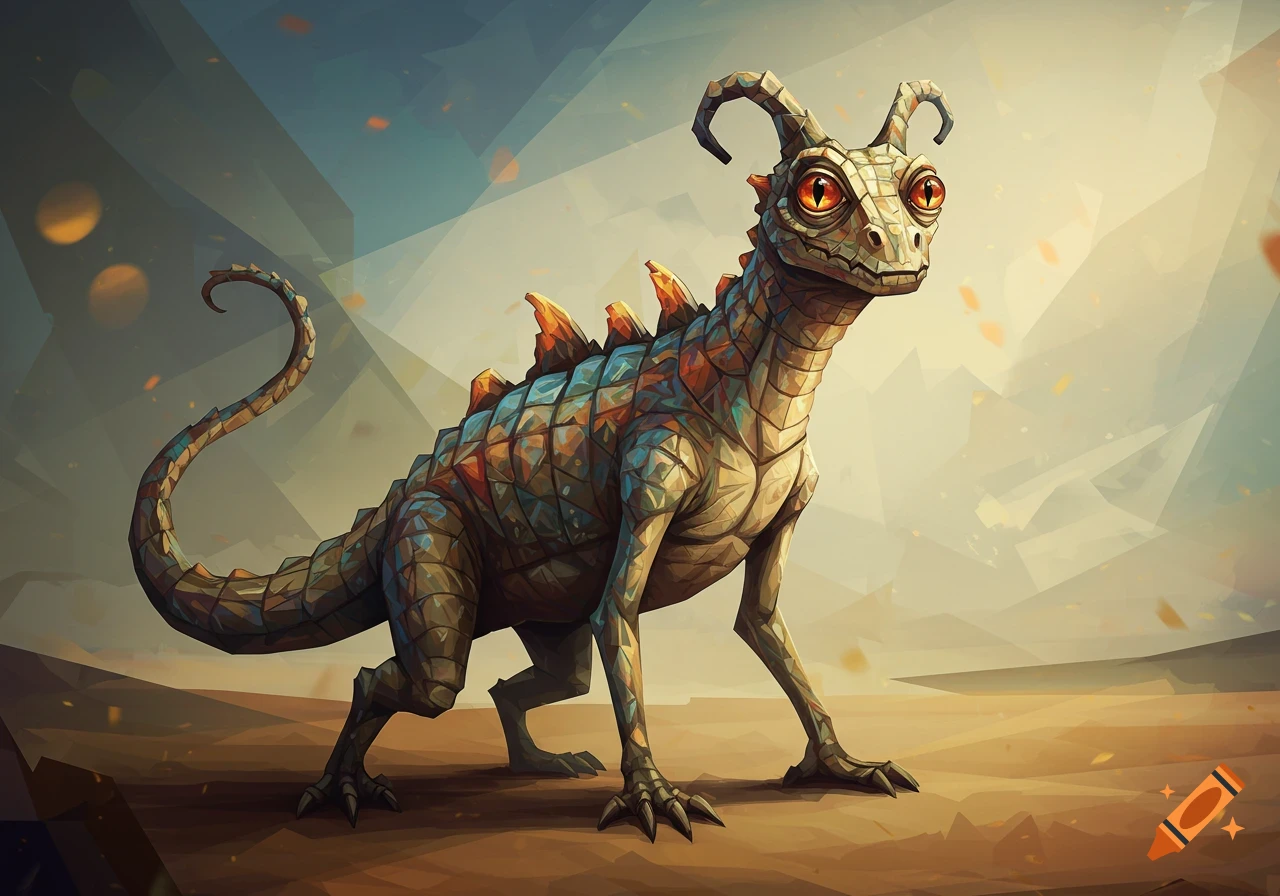 A cubist-style drawing of a mythical lizard-like creature with large orange eyes and horns in a geometric landscape.