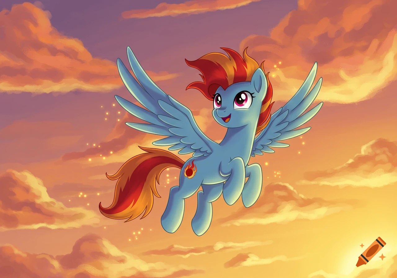 A blue cartoon pegasus pony with fiery red and orange mane and tail, and a fireball cutie mark, flies through a vibrant orange and purple sunset sky.