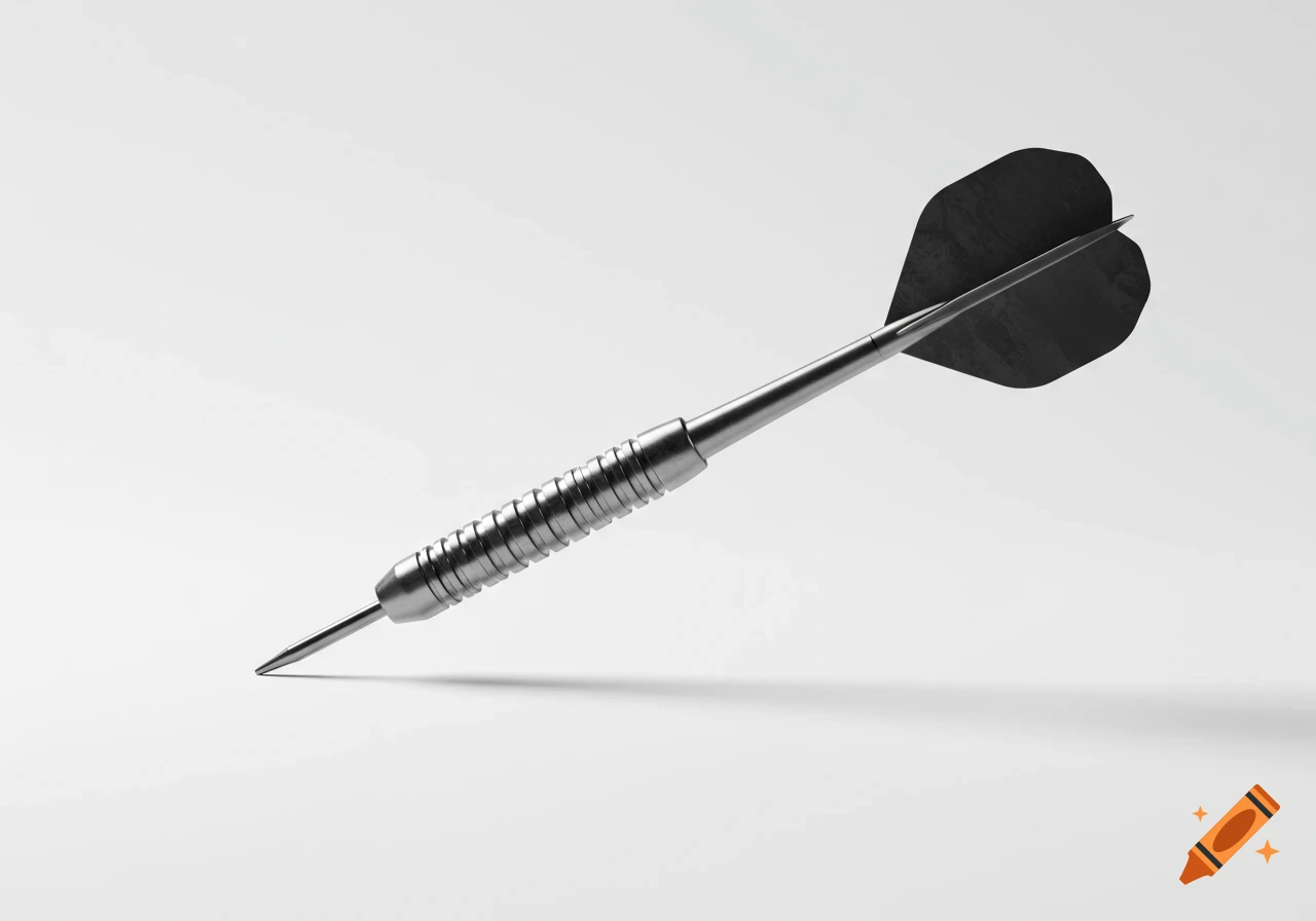 A close-up, monochromatic, photorealistic image of a dart with a black flight, set against a plain white background.