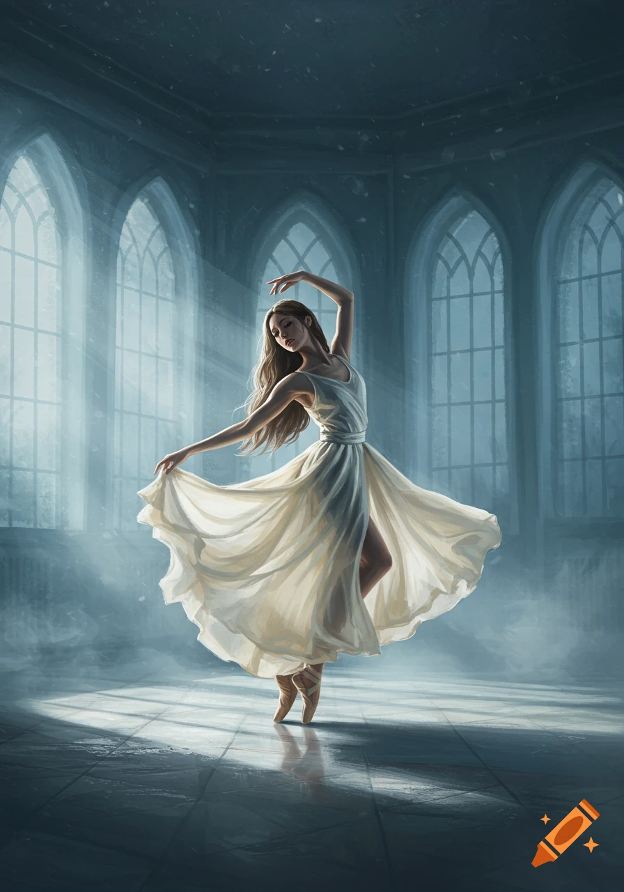 A ballerina in a flowing white dress dances on pointe in a large, dimly lit room with arched windows, light streaming through.