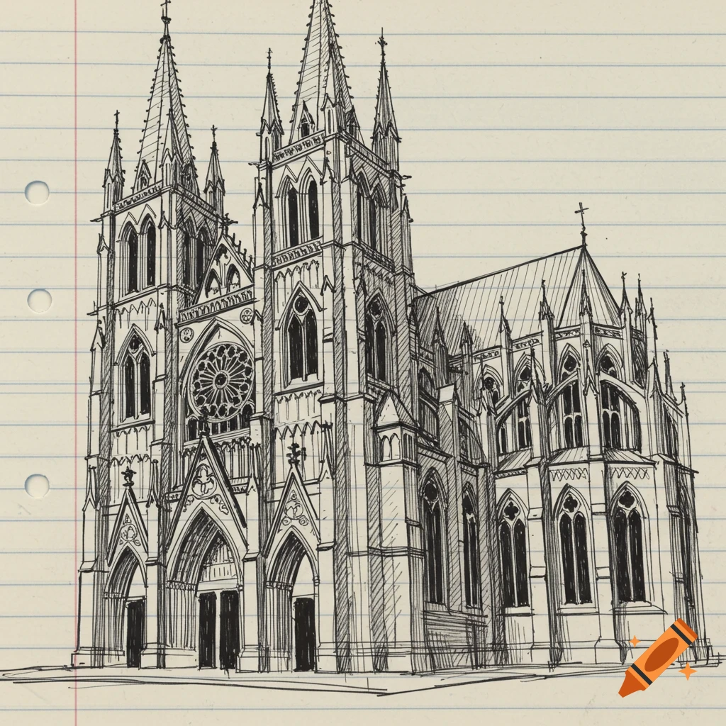 Detailed black and white sketch of a gothic cathedral on ruled notebook paper.