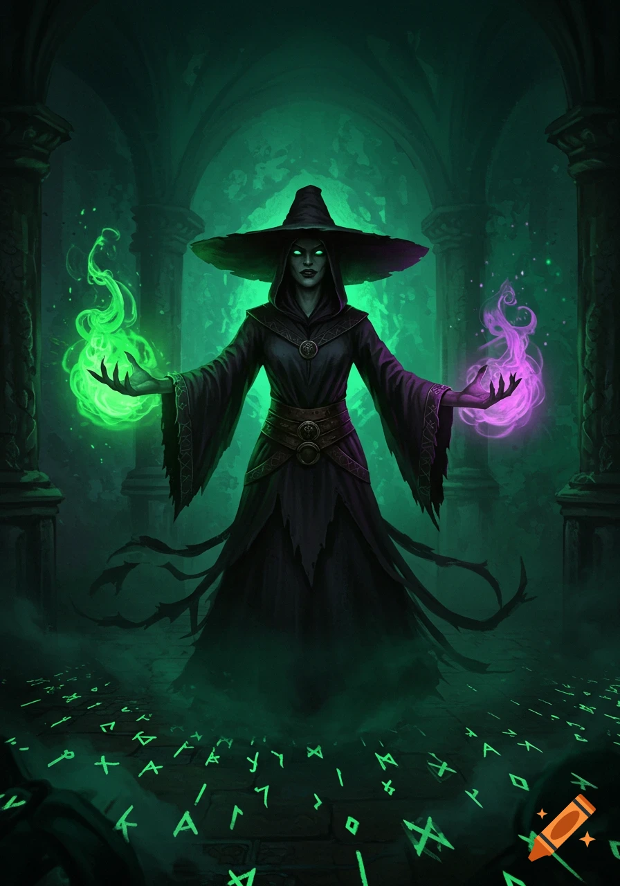 A dark witch in a wide-brimmed hat casting green and purple spells in a spooky, green-lit stone chamber with glowing runes.