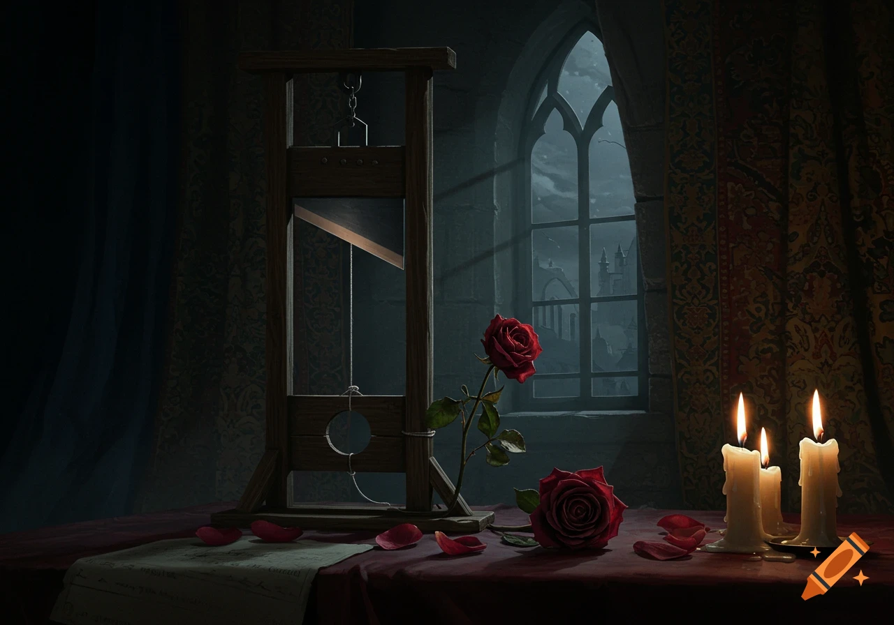 A dark, somber painting of a guillotine on a table with red roses, petals, lit candles, and a Gothic window in the background.