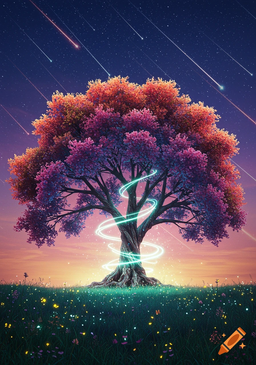 A vibrant fantasy tree with glowing pink and orange leaves stands in a field of luminous flowers under a starry sky with shooting stars.