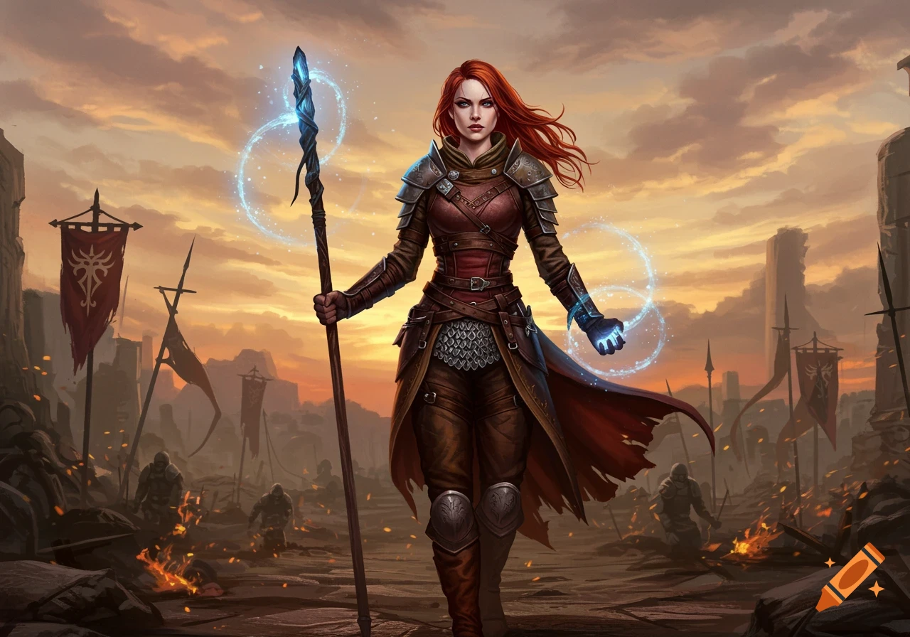 A red-haired female warrior in armor stands with a glowing staff in a desolate, ruined landscape at sunset, casting magic.