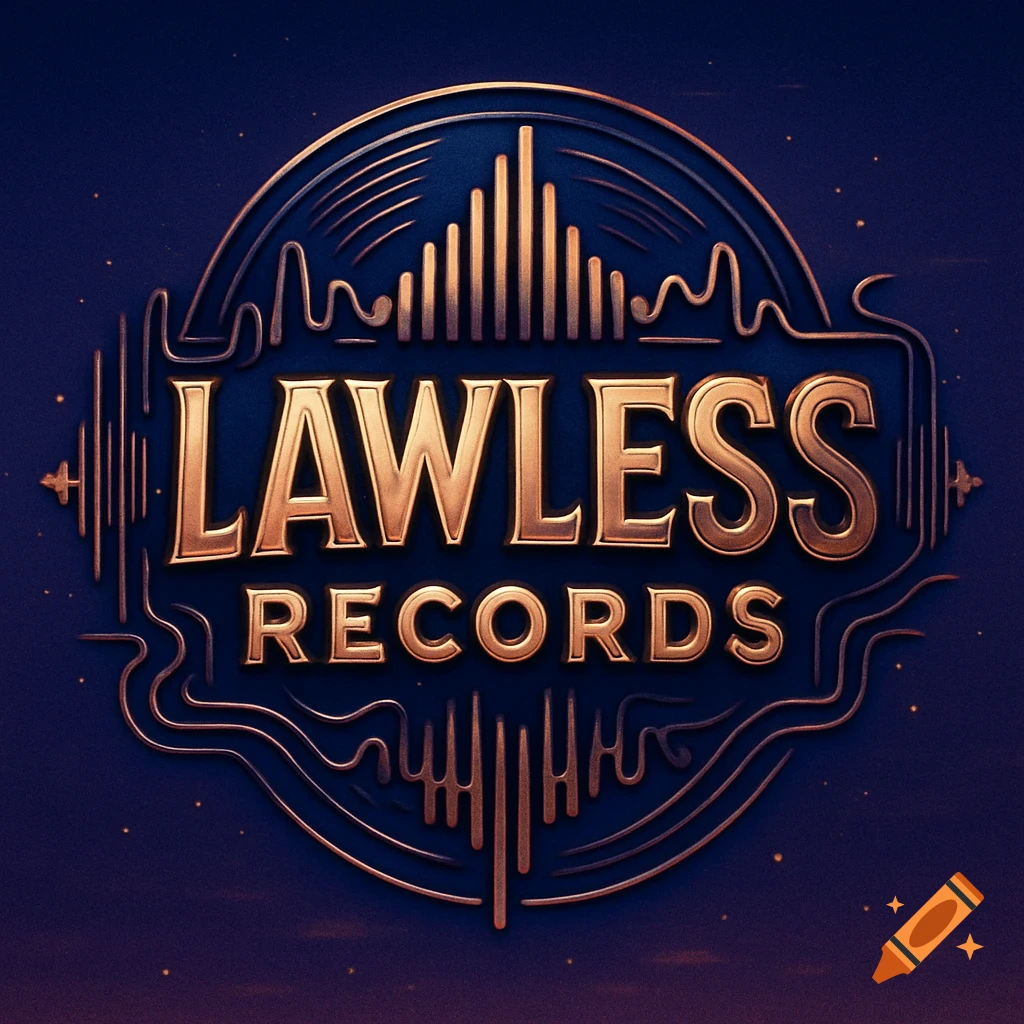 A gold metallic logo for 'Lawless Records' on a dark blue background with abstract musical wave designs.