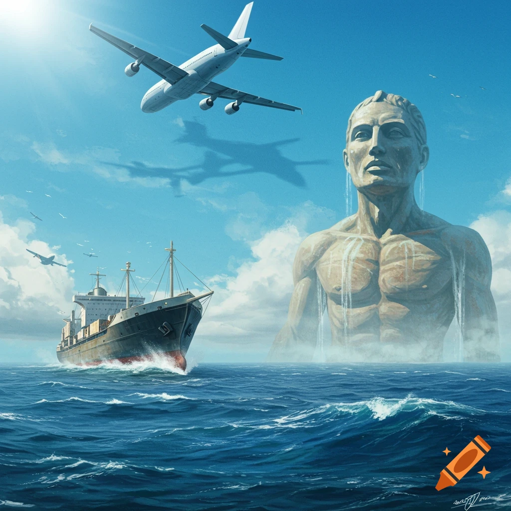 A giant stone statue of a man emerges from the ocean next to a large cargo ship, with a passenger airplane flying overhead in a bright blue sky.