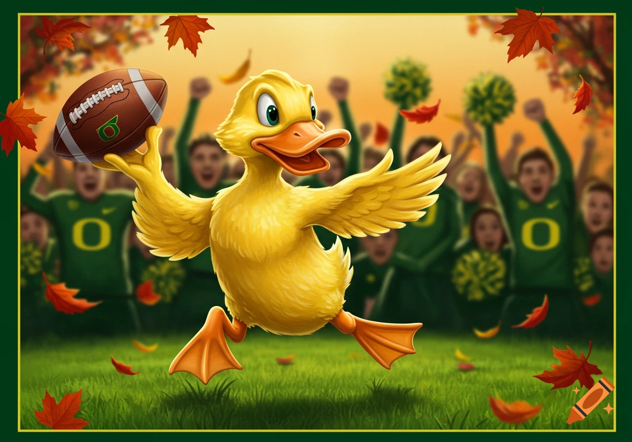 A cheerful cartoon duck mascot holding a football in a stadium with cheering fans and autumn leaves.