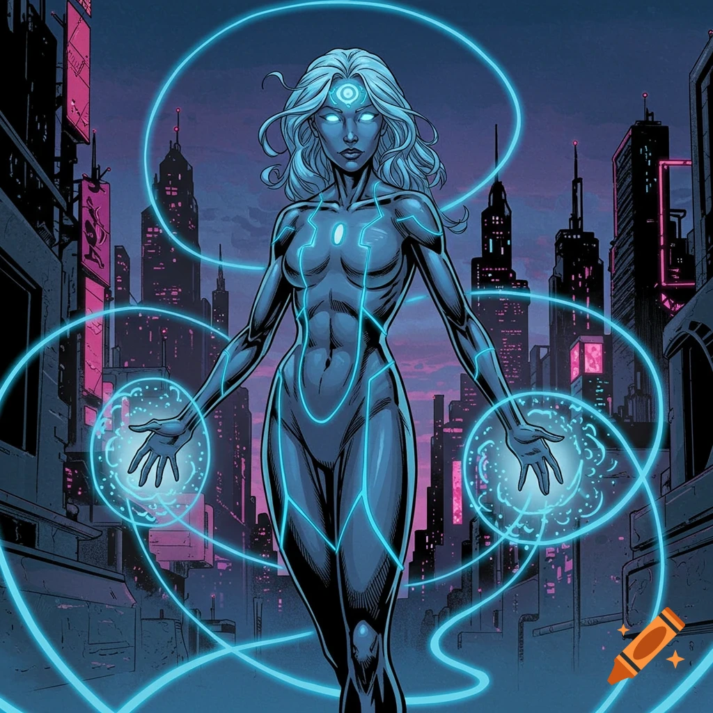 A comic book style female superhero with glowing eyes and a sleek suit stands in a futuristic city, generating blue energy.