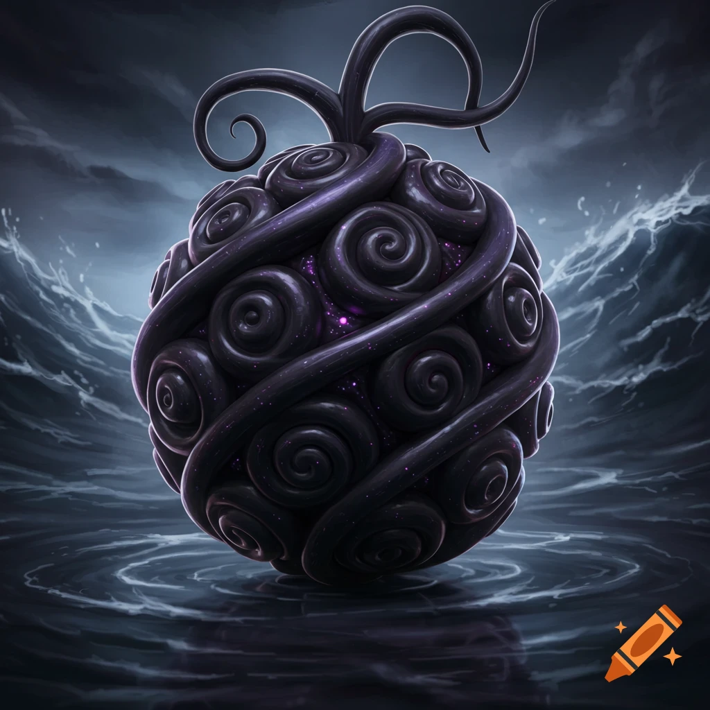 A dark, intricate, swirled fruit with glowing purple spots floats in swirling water under a stormy sky.