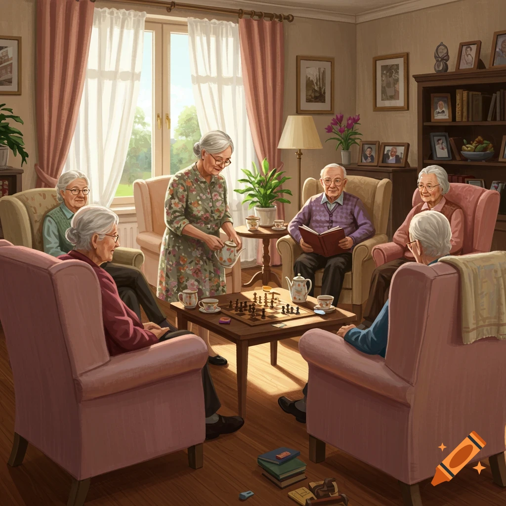 Elderly people socialize in a well-lit living room, playing chess, reading, and serving tea.