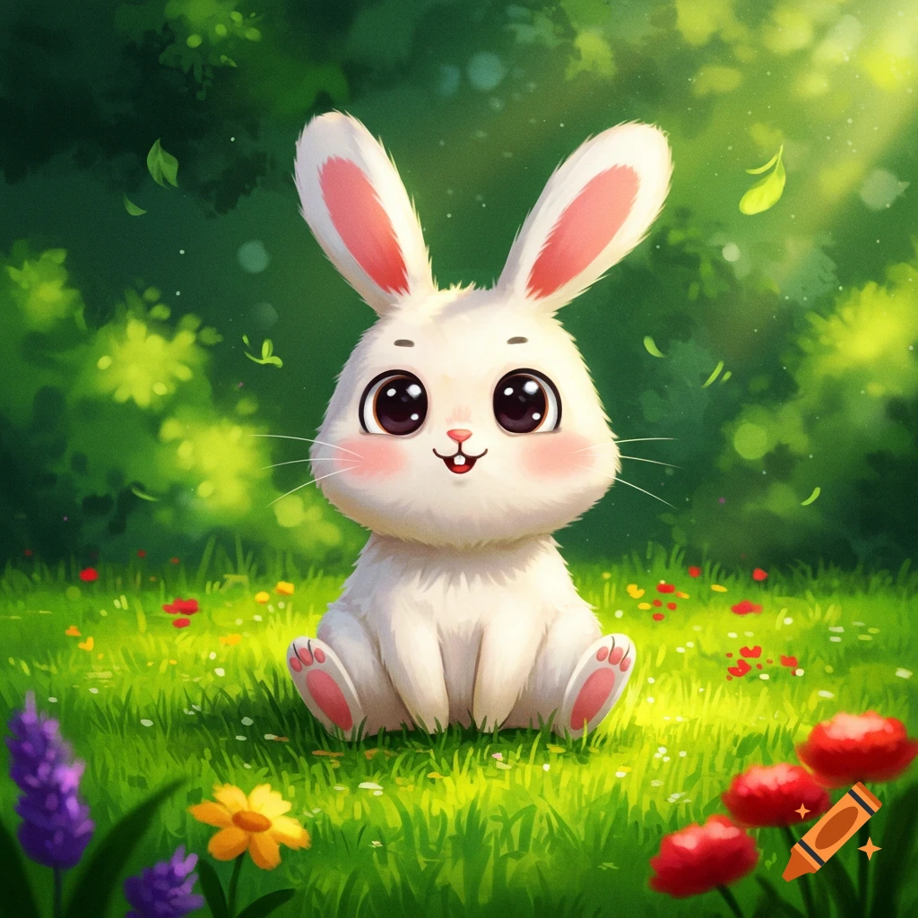 A cute, white cartoon rabbit sits in a vibrant green grassy field with colorful flowers and trees.