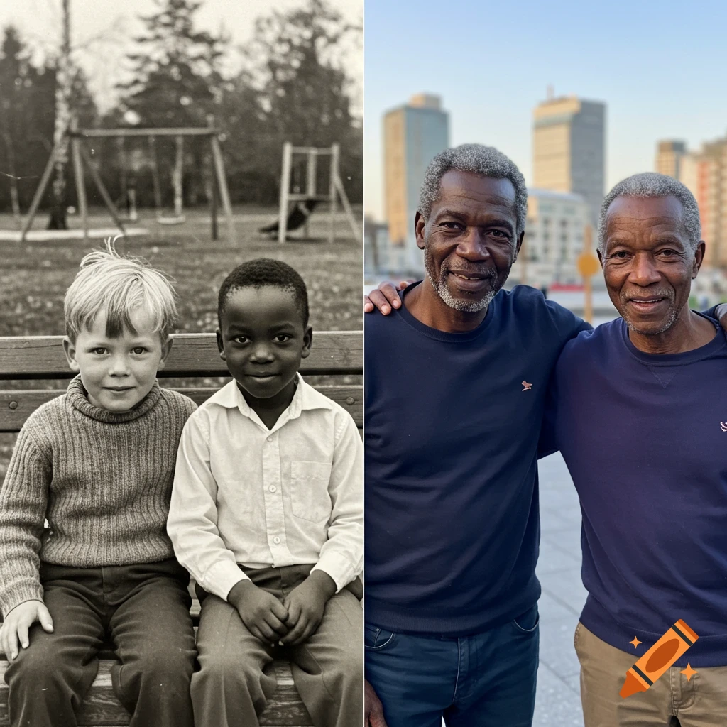 Side-by-side photos: left, two young boys on a bench in a park; right, the same two men as adults embracing in a city.
