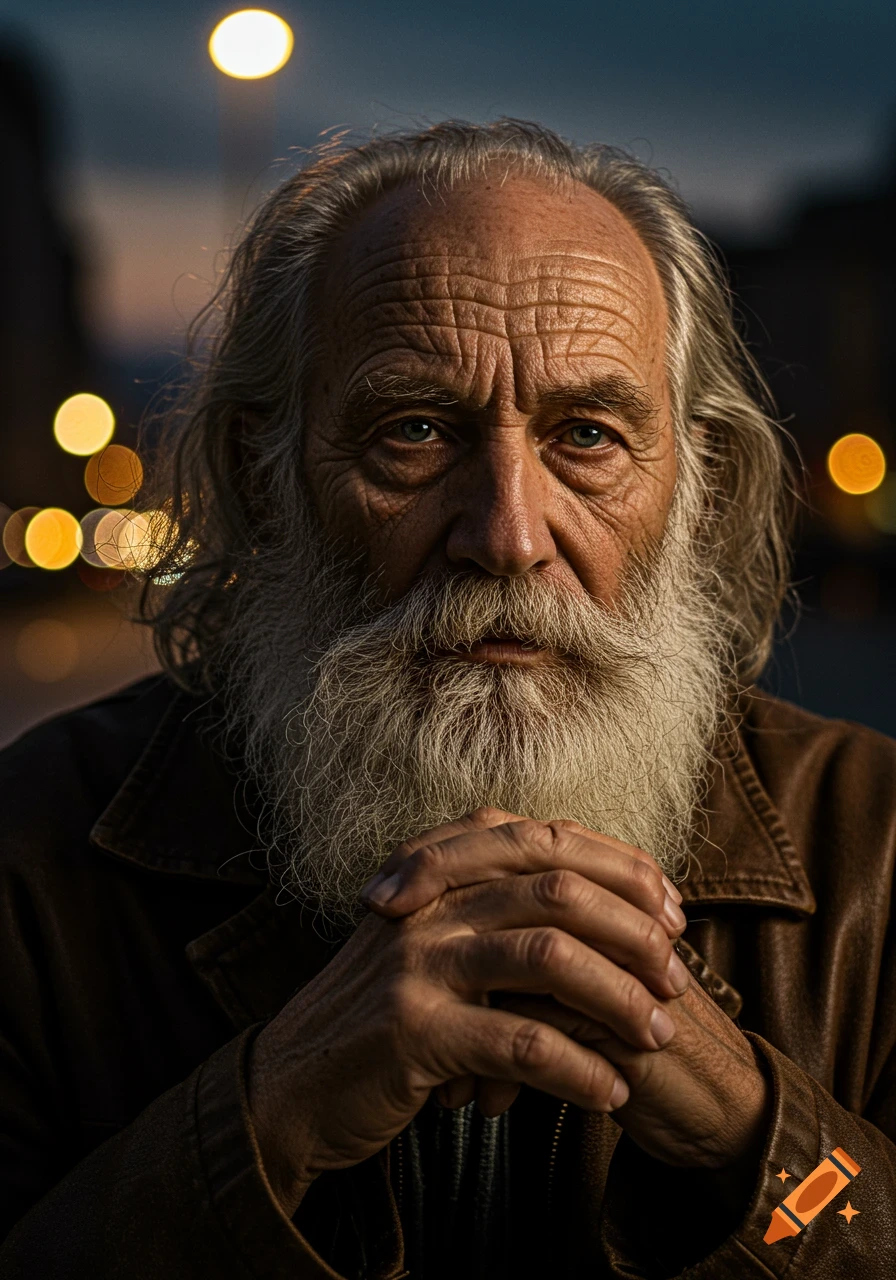 Close-up photorealistic portrait of an elderly man with a long white beard and gray hair, hands clasped, against a bokeh background.