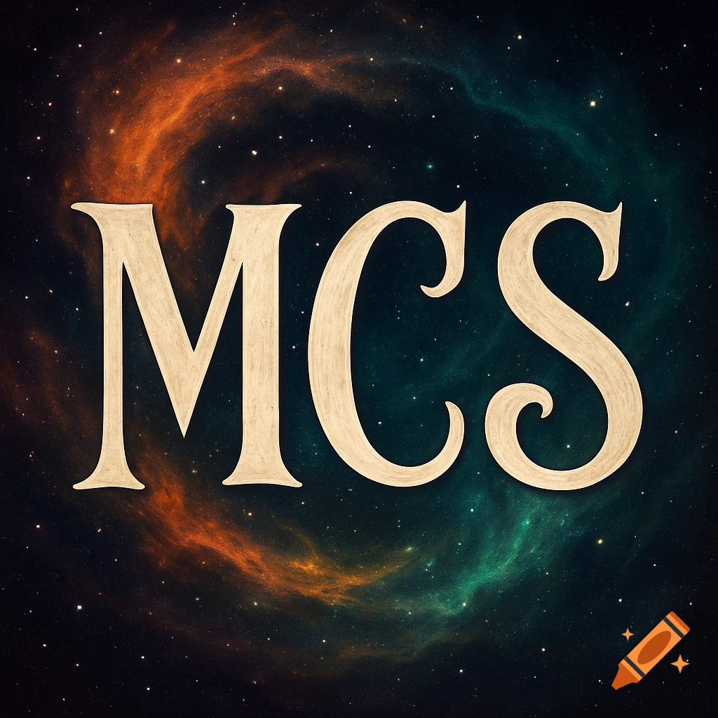 The letters MCS in a fancy, bold font against a colorful orange, green, and purple galaxy background.