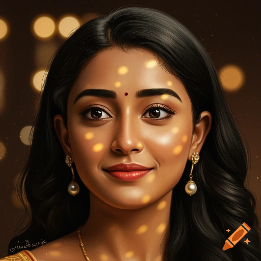 Close-up portrait of a smiling young Indian woman with dark hair and a bindi, dappled with warm bokeh lights.