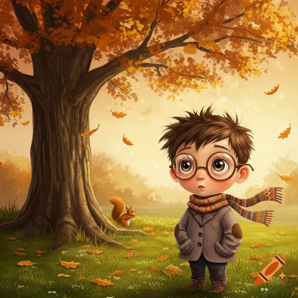 A cute cartoon boy with large glasses and a scarf stands in an autumn field with fallen leaves next to a big tree and a squirrel.
