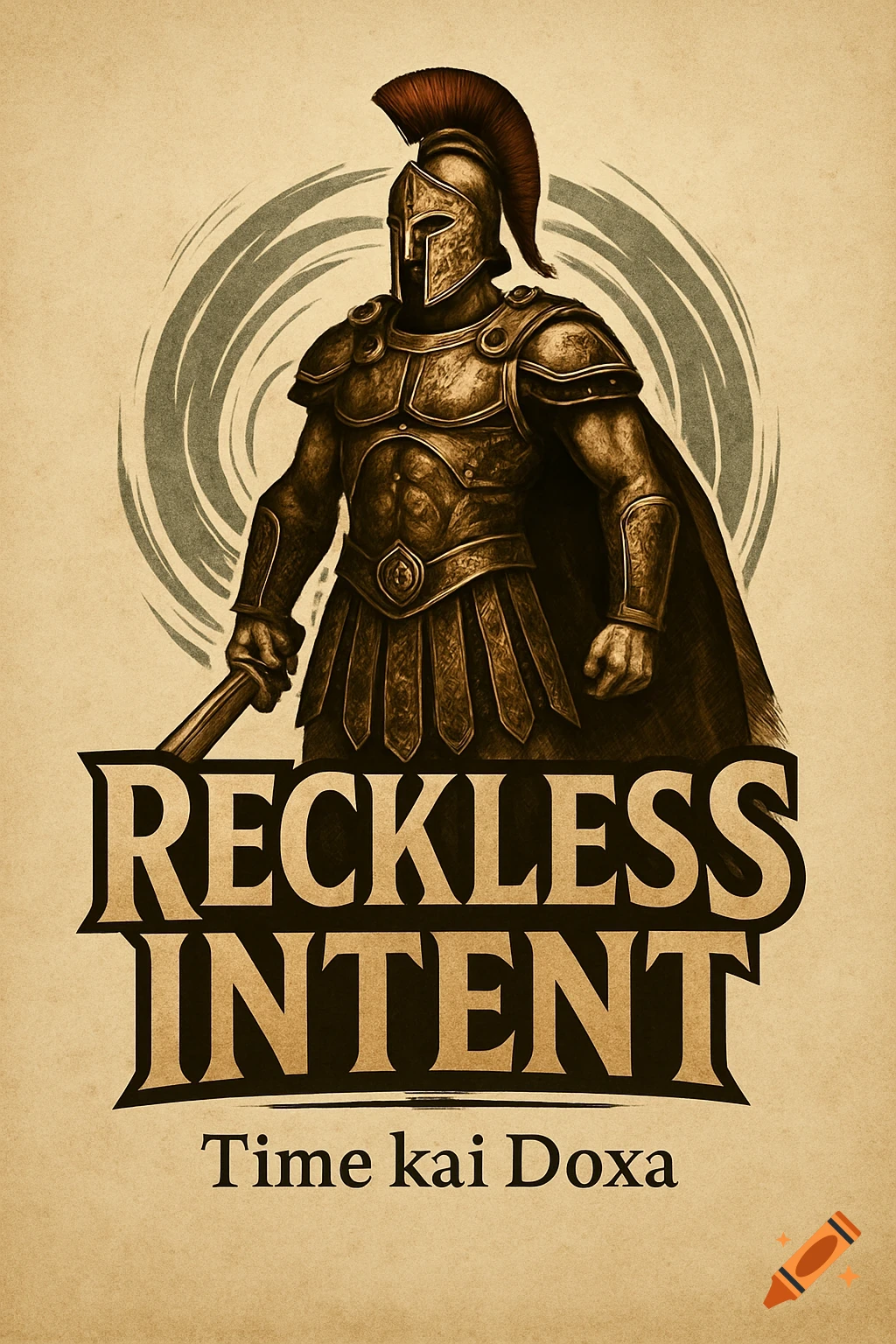 A vintage-style illustration of a Spartan warrior in bronze armor, standing above the text 'RECKLESS INTENT' and 'Time kai Doxa', set against a swirling background.
