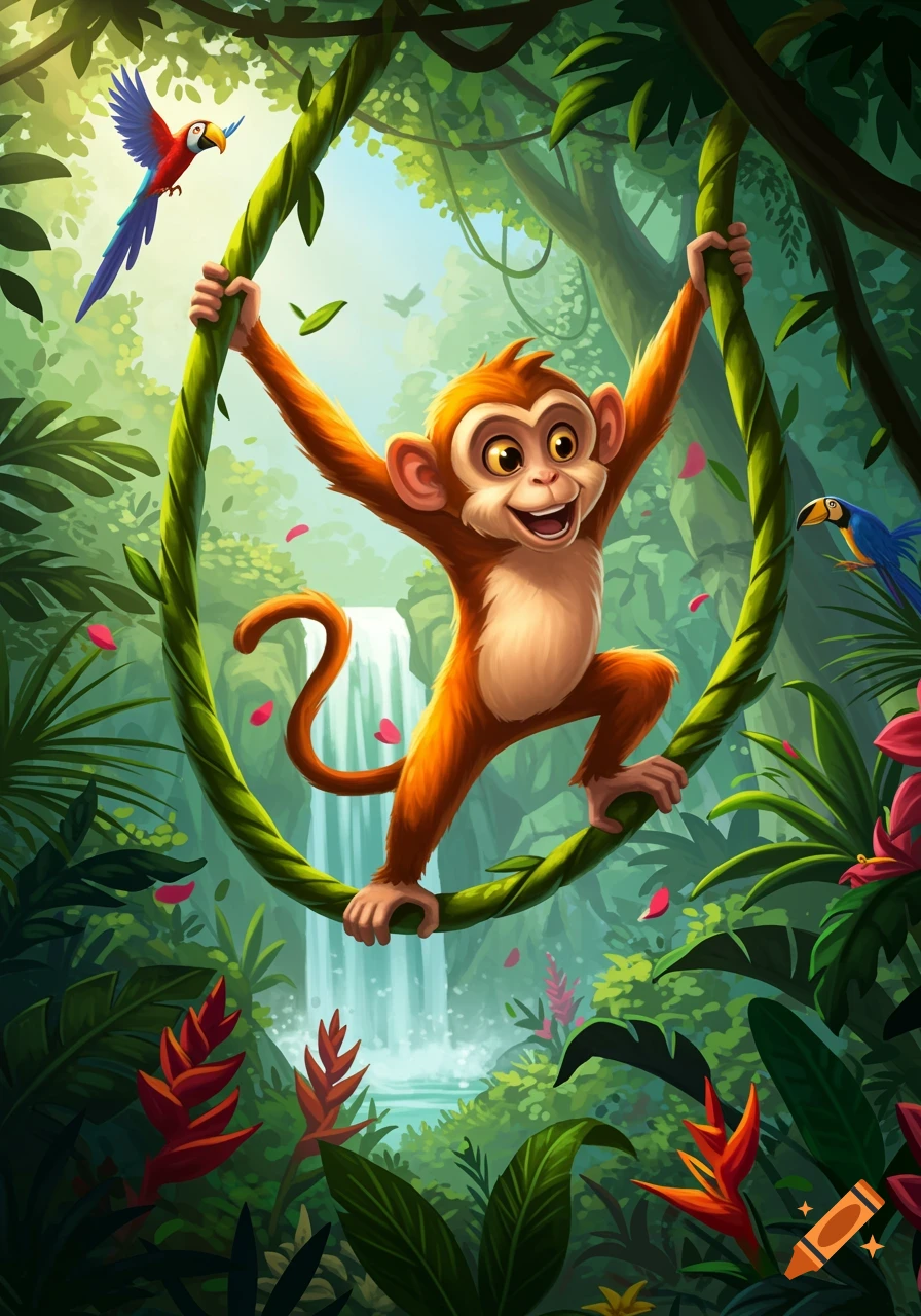 A cartoon monkey swings on a vine in a lush jungle with parrots and a waterfall in the background.