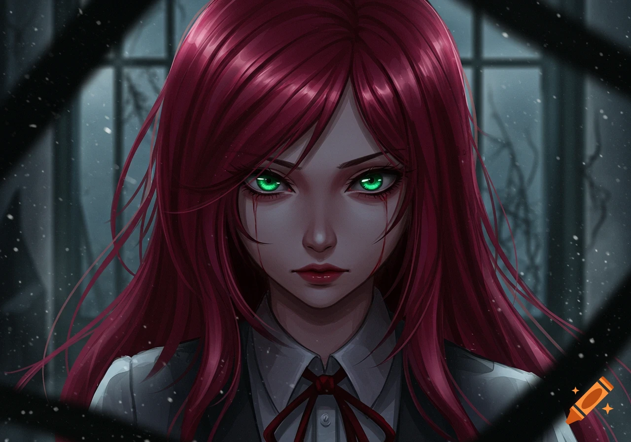 Anime girl with long red hair, glowing green eyes, and red tears, staring intensely from behind a dark frame.
