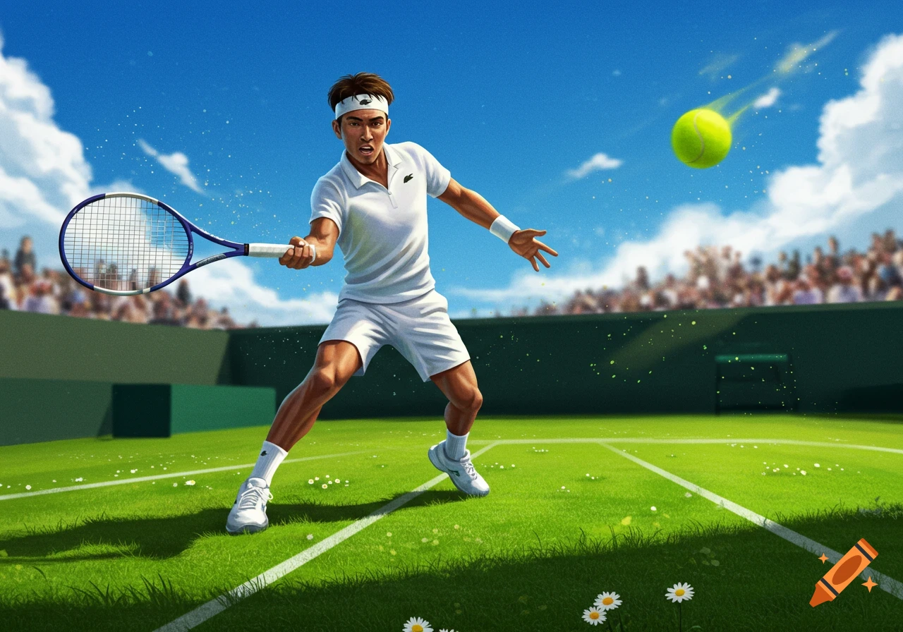 A male tennis player in a white uniform prepares to hit a yellow tennis ball with a blue racket on a green court under a blue sky, with a blurred crowd in the background.