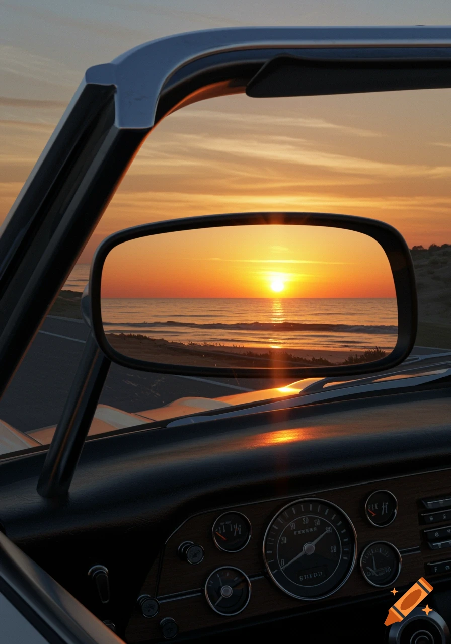 A vibrant sunset over the ocean, reflected in a car's rear-view mirror, seen from inside the vehicle.