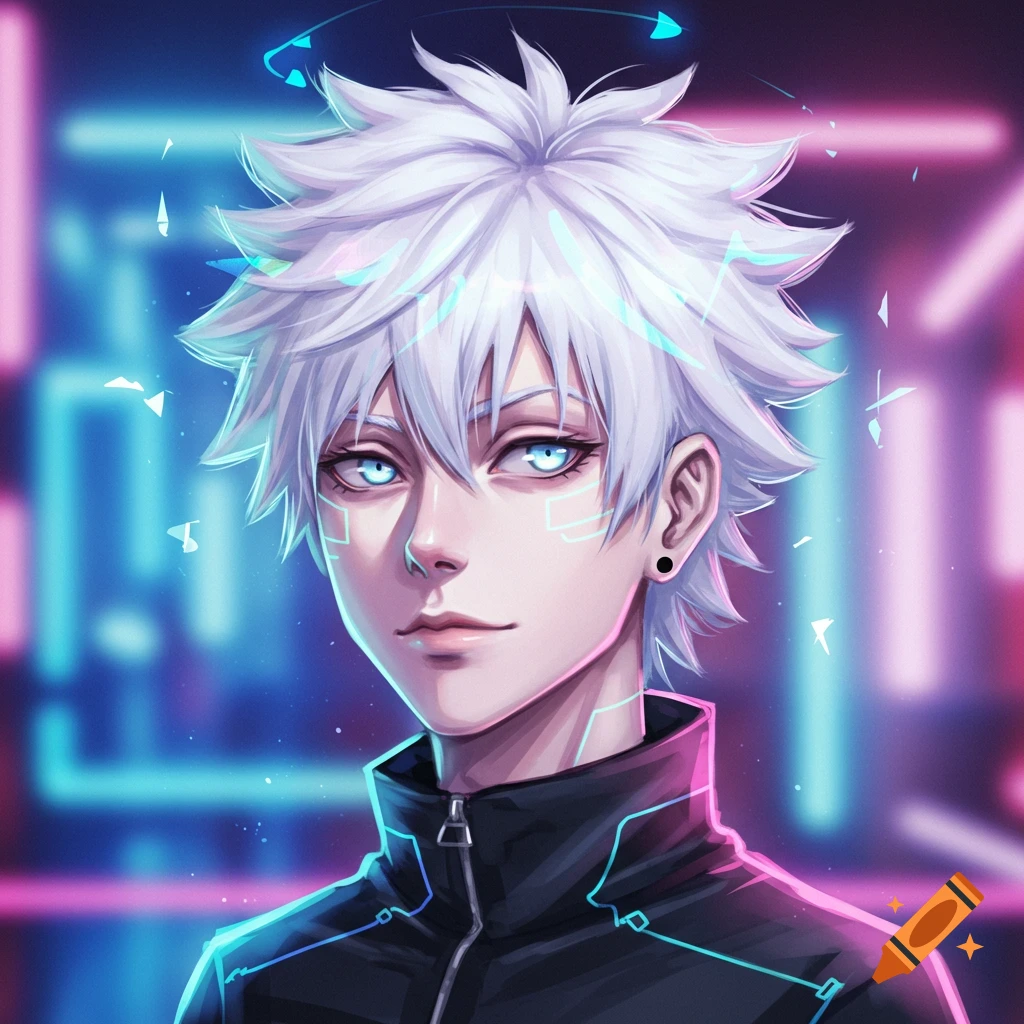 An anime boy with white spiky hair and glowing blue eyes, set against a neon pink and blue futuristic background.