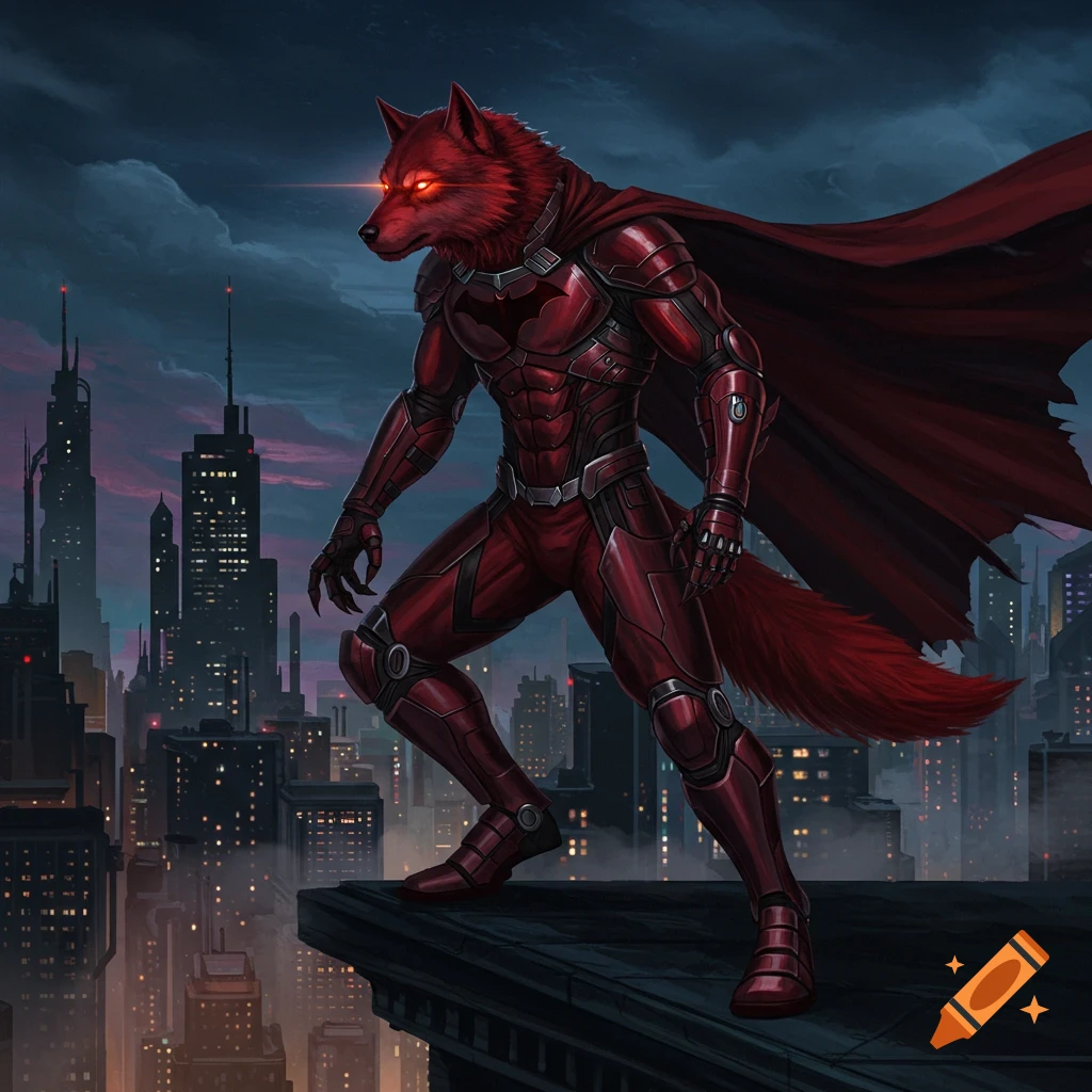 A red wolf in a dark red superhero suit and cape stands atop a skyscraper, overlooking a futuristic city at night with glowing red eyes.