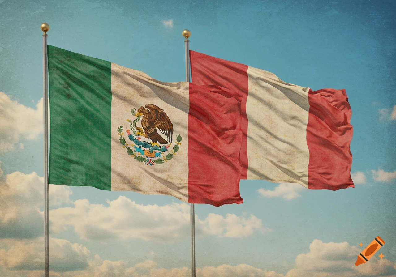 Two vintage flags, the Mexican flag and the Peruvian flag, wave against a cloudy blue sky.