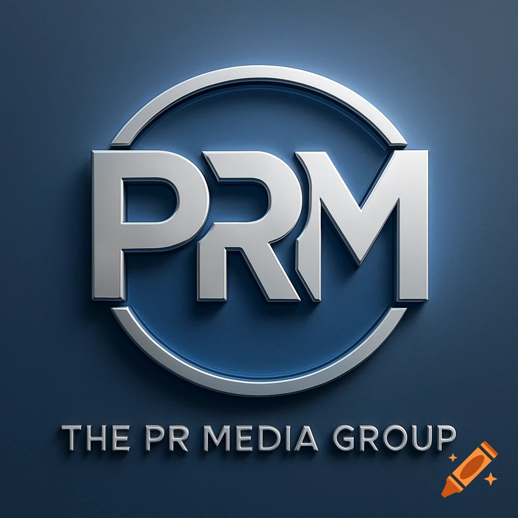 A 3D silver metallic logo with 'PRM' inside a circle and 'THE PR MEDIA GROUP' below, on a dark blue background.