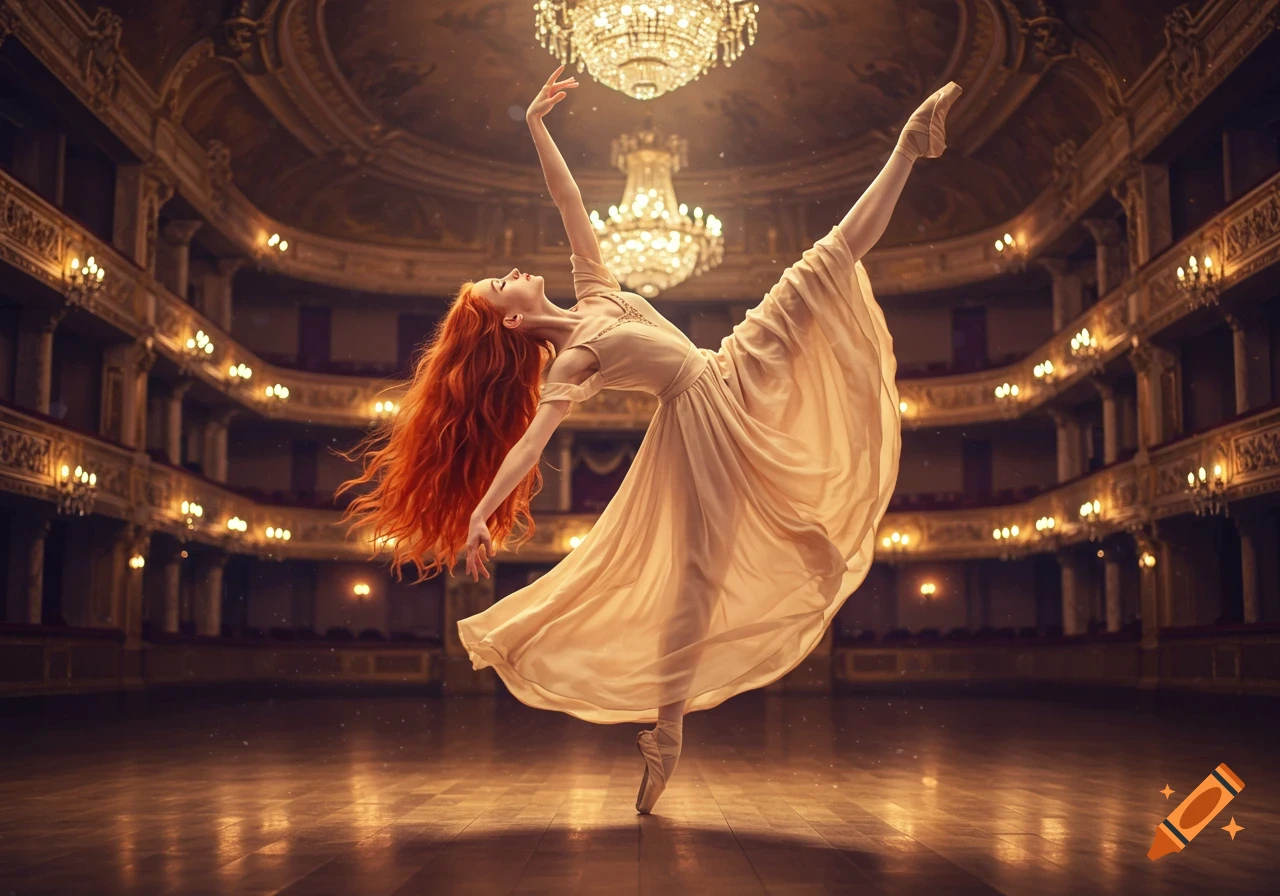 A red-haired ballerina in a light dress dances on pointe with an extended leg in a grand, ornate theater.