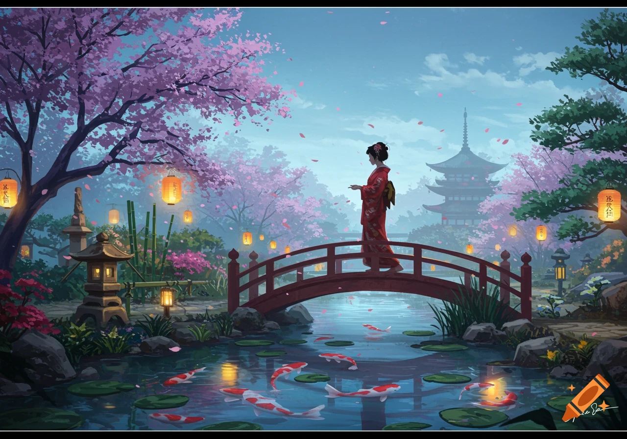 A woman in a red kimono walks across a red bridge in a beautiful Japanese garden with cherry blossoms, lanterns, koi fish, and a pagoda.