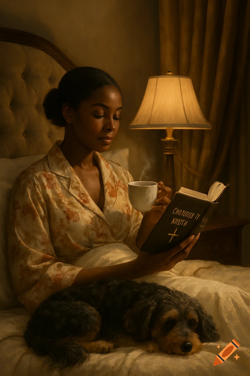 A woman in a floral robe reads a book in bed with a dog sleeping next to her, illuminated by a bedside lamp.