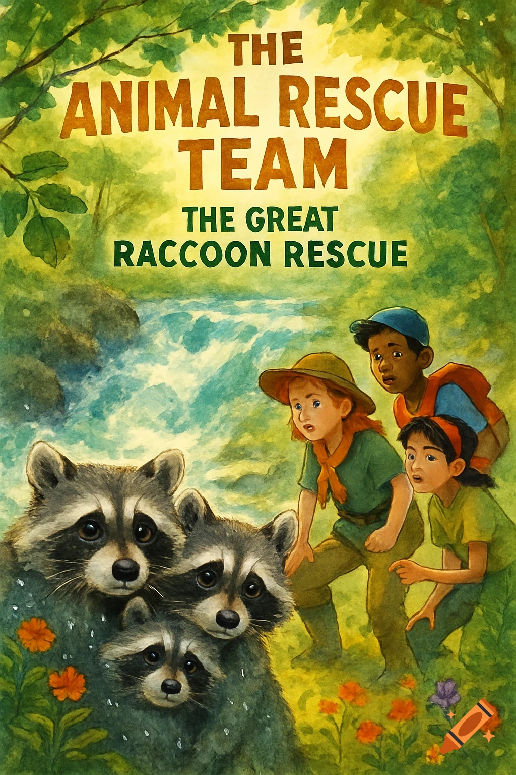 A watercolor illustration of a book cover titled "The Animal Rescue Team: The Great Raccoon Rescue," depicting three raccoons and three children near a river in a forest.