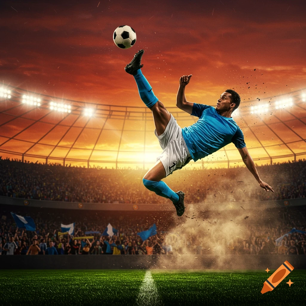 A male soccer player in a blue jersey performs an overhead kick with a ball in a vibrant stadium at sunset.