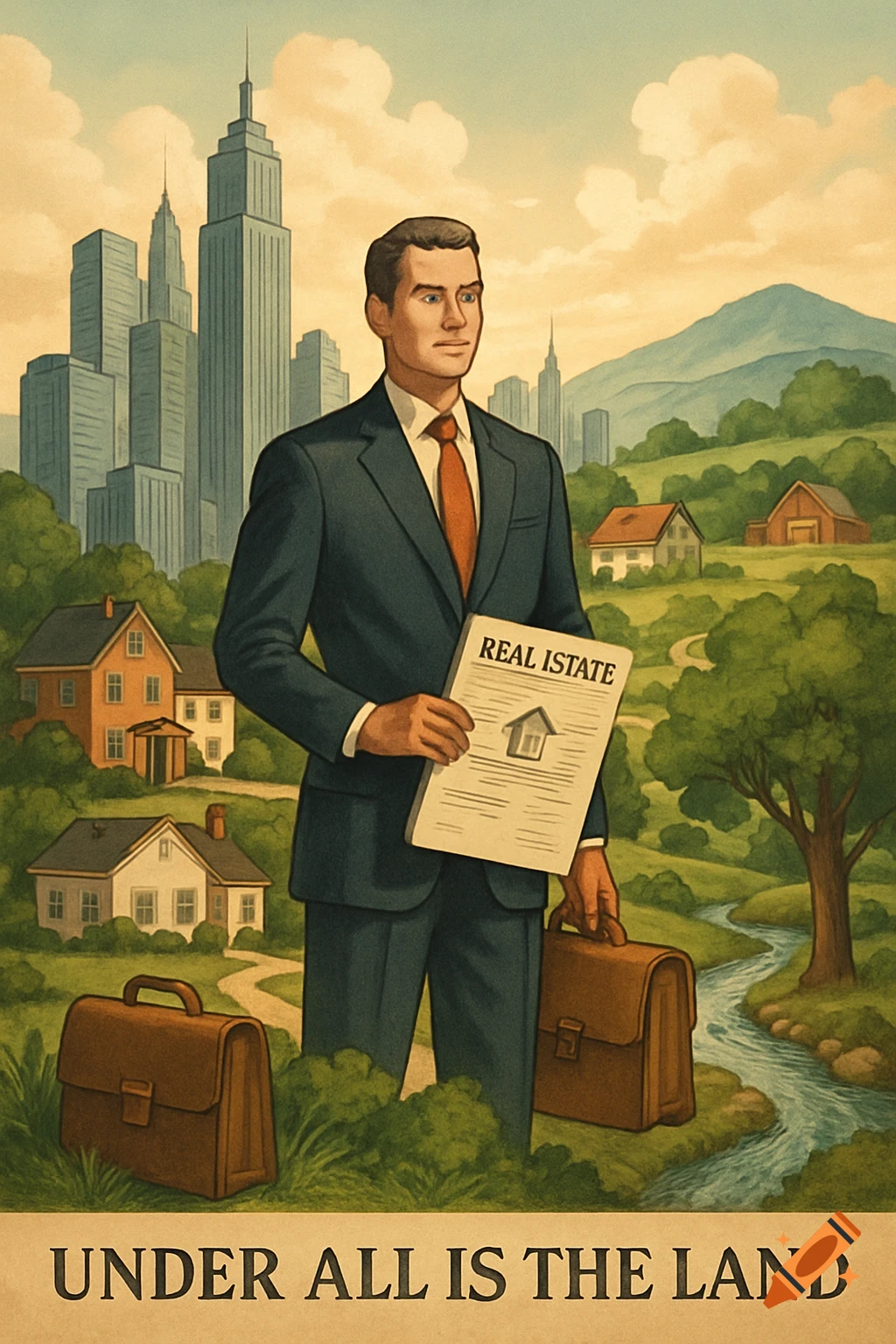 A man in a suit holds a 'Real Estate' document, standing between a cityscape and a rural landscape, in a vintage poster style.