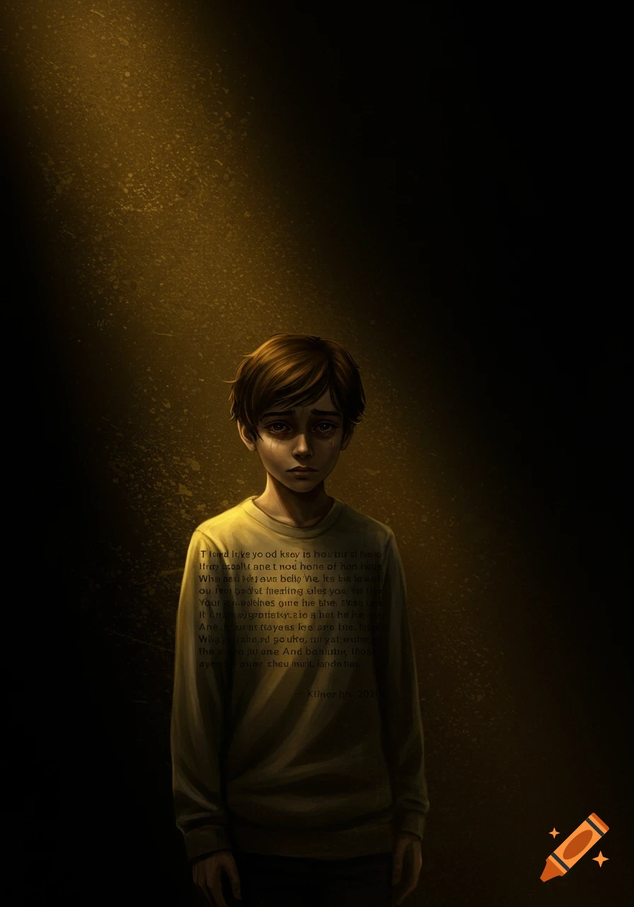 Portrait of a sad boy with dark hair standing in a dark room with dramatic golden light and illegible text on his shirt.