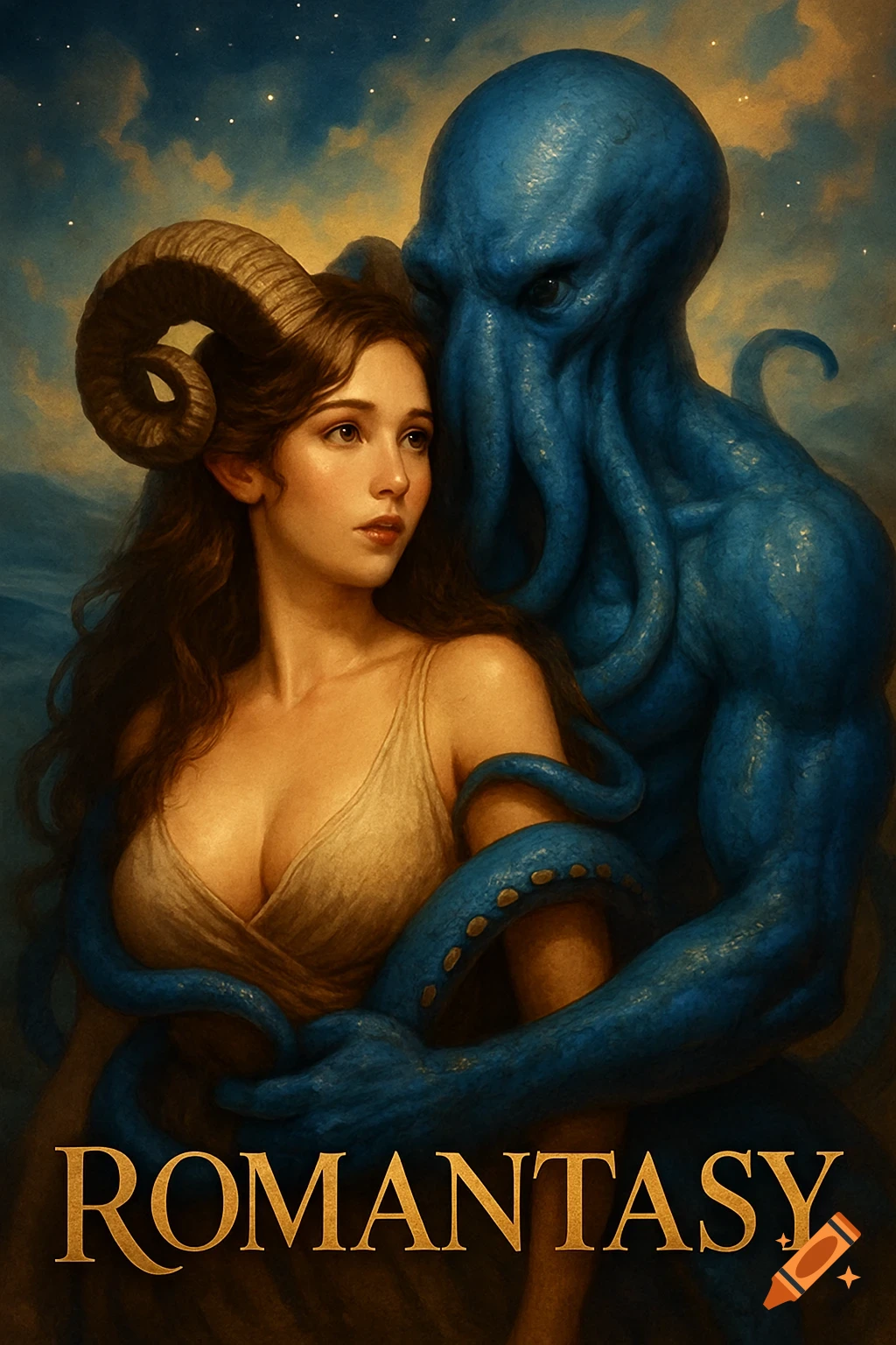 A brown-haired woman with ram horns embraced by a blue kraken humanoid under a starry sky. Painterly fantasy art with 'ROMANTASY' text.