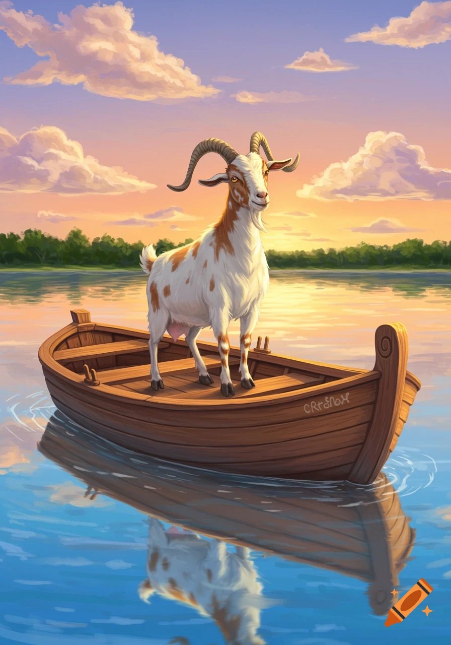A colorful illustration of a goat standing in a wooden boat on a calm lake at sunset, with trees on the distant shore and clouds in the sky.