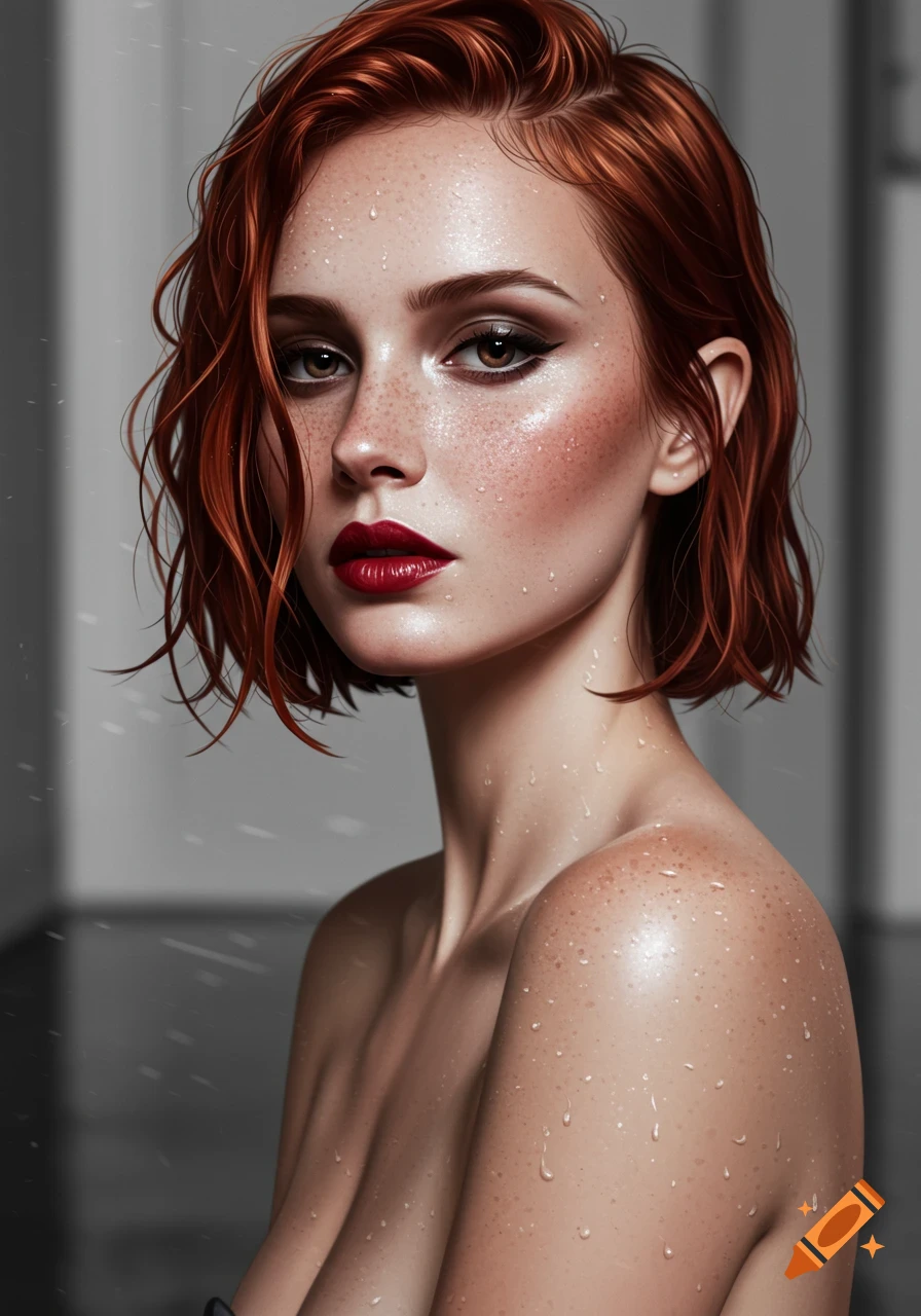 A photorealistic portrait of a woman with red, wet, wavy bobbed hair, freckles, dark eye makeup, and red lipstick, with water droplets on her skin.