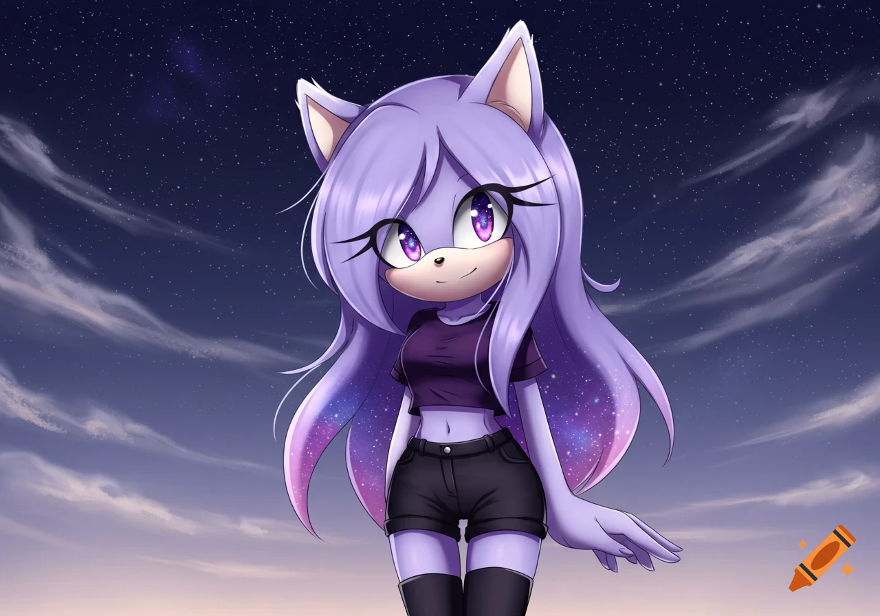 A lavender purple Sonic-style cat character with galaxy eyes and long hair, wearing a crop top and shorts, stands against a starry night sky.