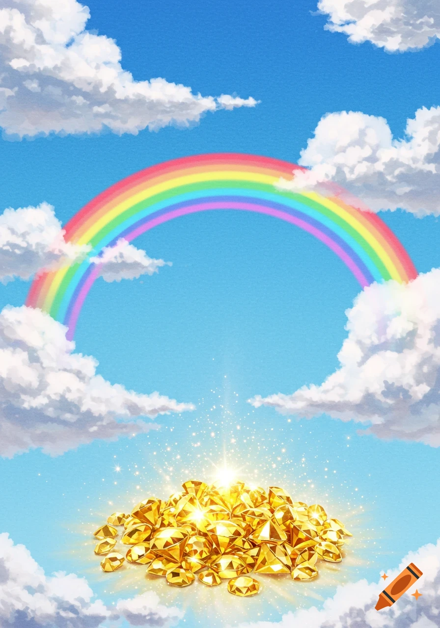 A vibrant abstract watercolor painting featuring a rainbow arching over a sparkling pile of golden gemstones, set against a blue sky with fluffy white clouds.